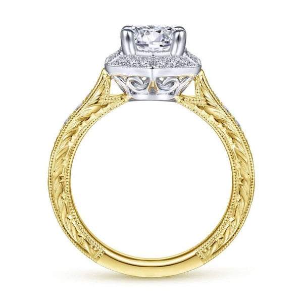 Art Deco 14K White-Yellow Gold Hexagonal Halo Round Diamond Engagement Ring