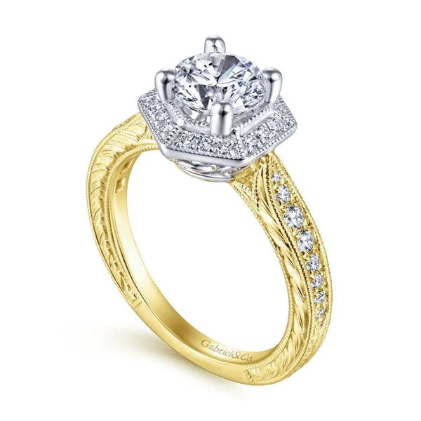 Art Deco 14K White-Yellow Gold Hexagonal Halo Round Diamond Engagement Ring