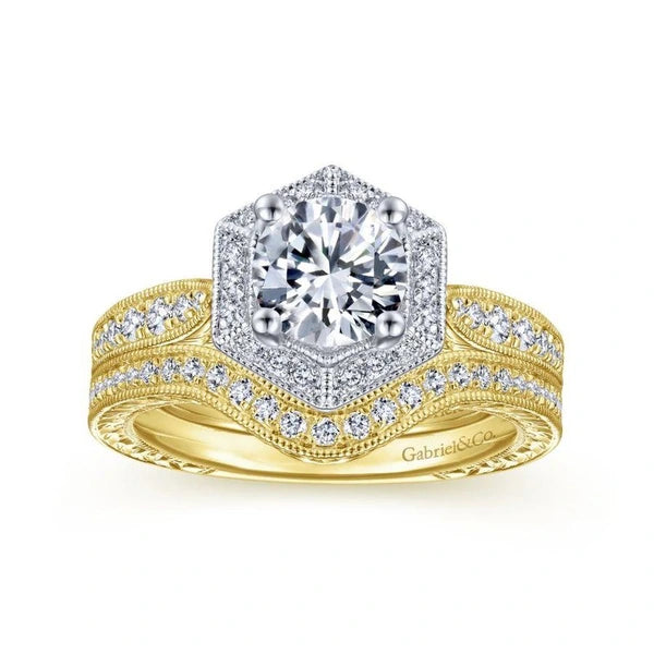 Art Deco 14K White-Yellow Gold Hexagonal Halo Round Diamond Engagement Ring