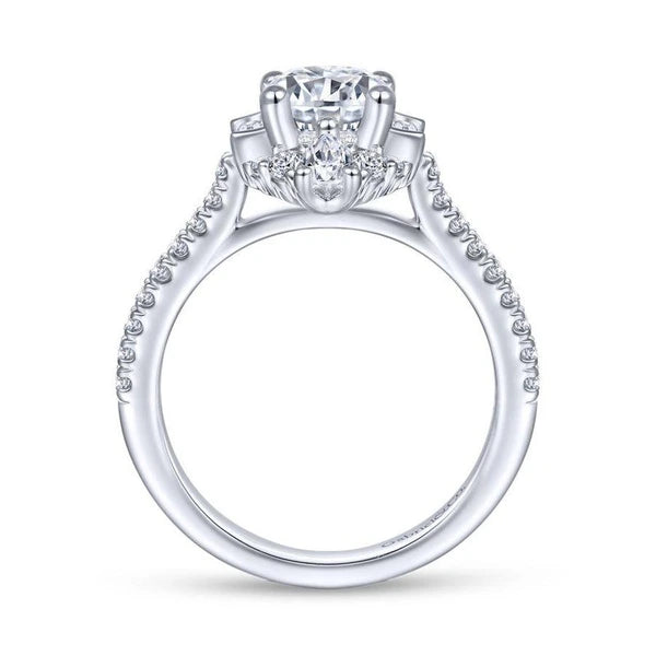 Unique 14K White Gold Art Deco Halo Diamond Engagement Ring