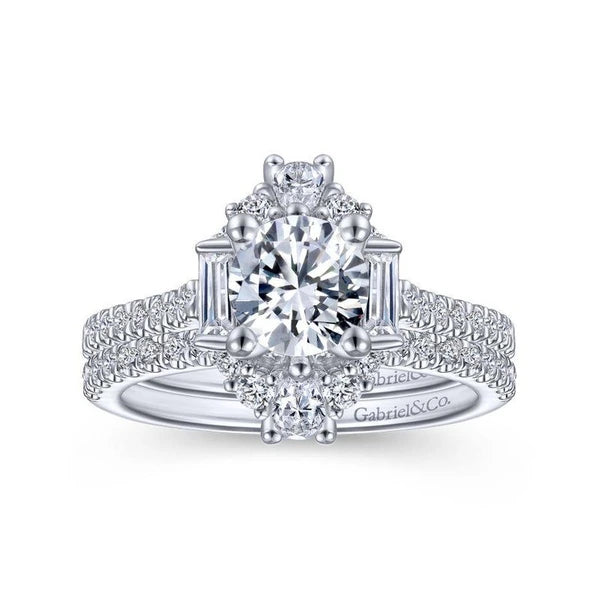 Unique 14K White Gold Art Deco Halo Diamond Engagement Ring