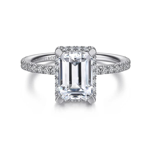 14K White Gold Hidden Halo Emerald Cut Diamond Engagement Ring