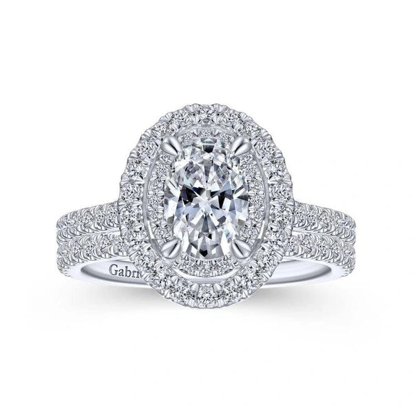 14k White Gold Oval Double Halo Diamond Engagement Ring