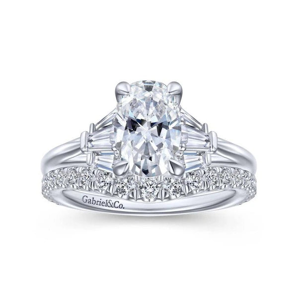 14K White Gold Oval Three Stone Diamond Engagement Ring