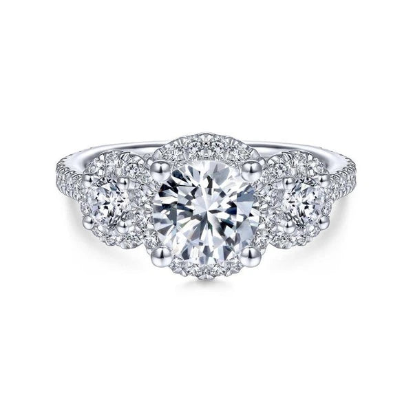 14K White Gold Round 3 Stone Halo Diamond Engagement Ring