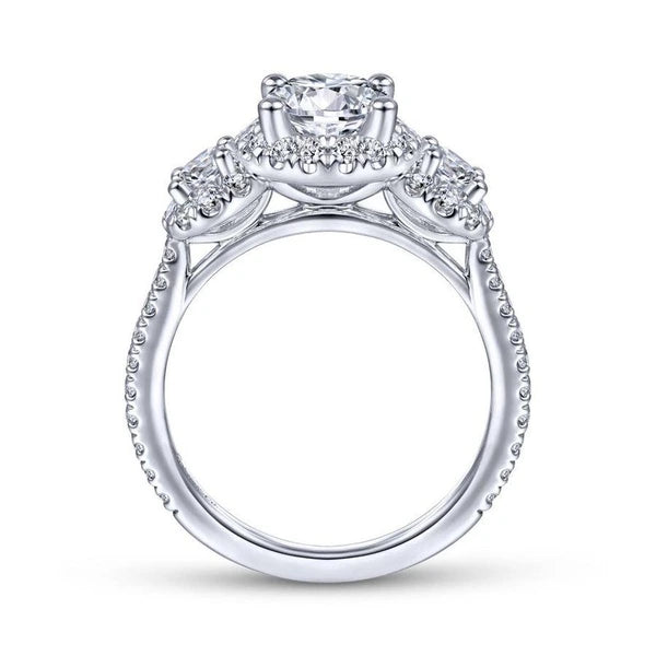 14K White Gold Round 3 Stone Halo Diamond Engagement Ring