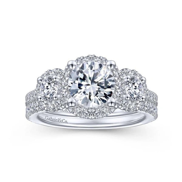 14K White Gold Round 3 Stone Halo Diamond Engagement Ring