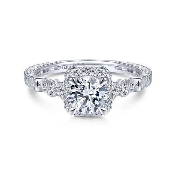 Art Deco 14K White Gold Round Halo Diamond Engagement Ring
