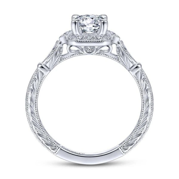 Art Deco 14K White Gold Round Halo Diamond Engagement Ring