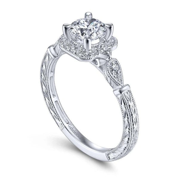 Art Deco 14K White Gold Round Halo Diamond Engagement Ring