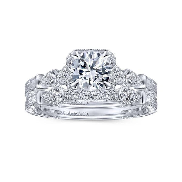 Art Deco 14K White Gold Round Halo Diamond Engagement Ring