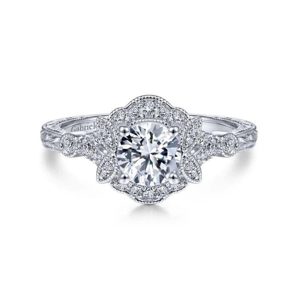 Vintage Inspired 14K White Gold Round Halo Diamond Engagement Ring