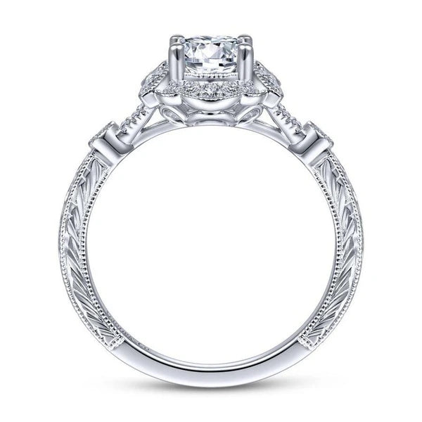 Vintage Inspired 14K White Gold Round Halo Diamond Engagement Ring