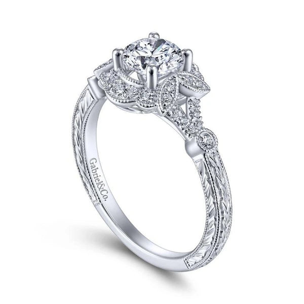 Vintage Inspired 14K White Gold Round Halo Diamond Engagement Ring