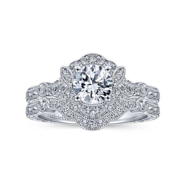 Vintage Inspired 14K White Gold Round Halo Diamond Engagement Ring