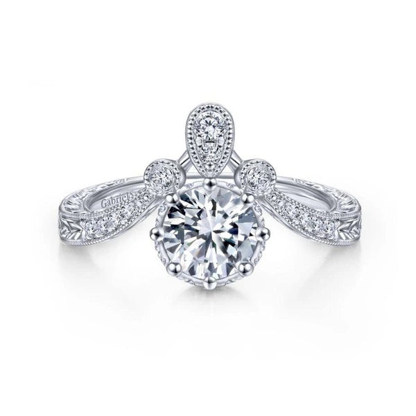Vintage Inspired 14K White Gold Round Curved Diamond Engagement Ring