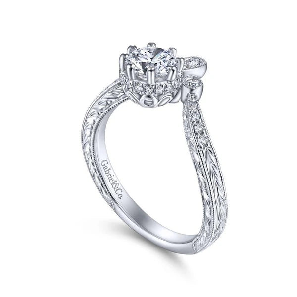 Vintage Inspired 14K White Gold Round Curved Diamond Engagement Ring