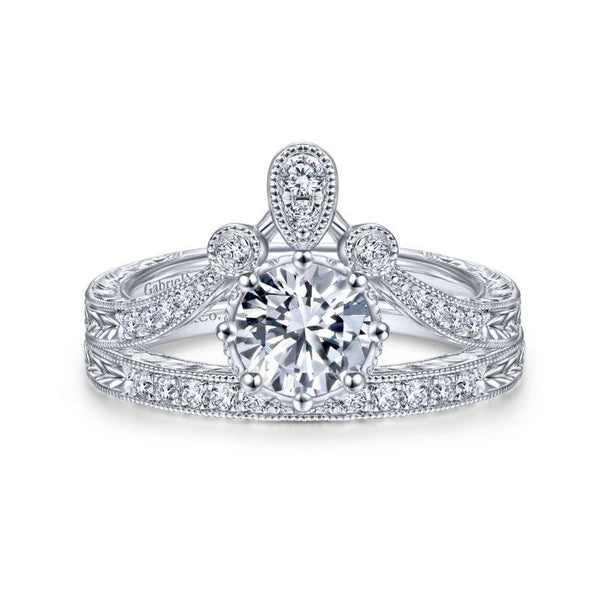 Vintage Inspired 14K White Gold Round Curved Diamond Engagement Ring