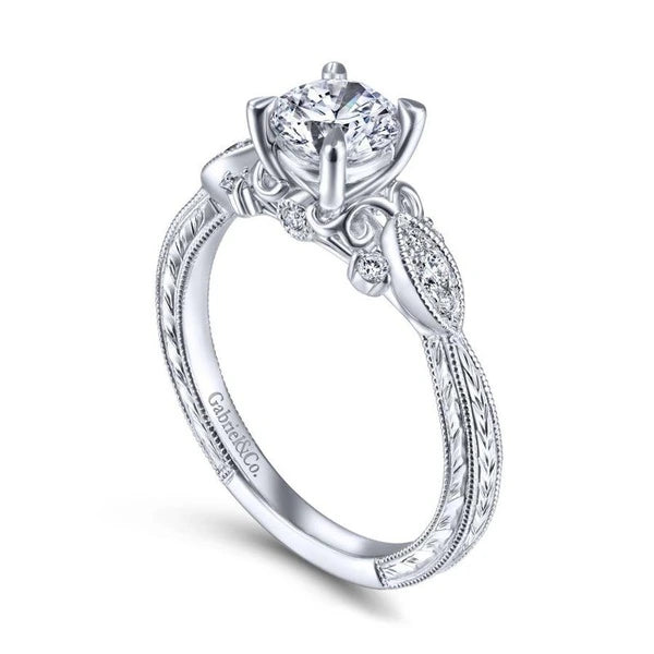 Vintage Inspired 14K White Gold Round Diamond Engagement Ring