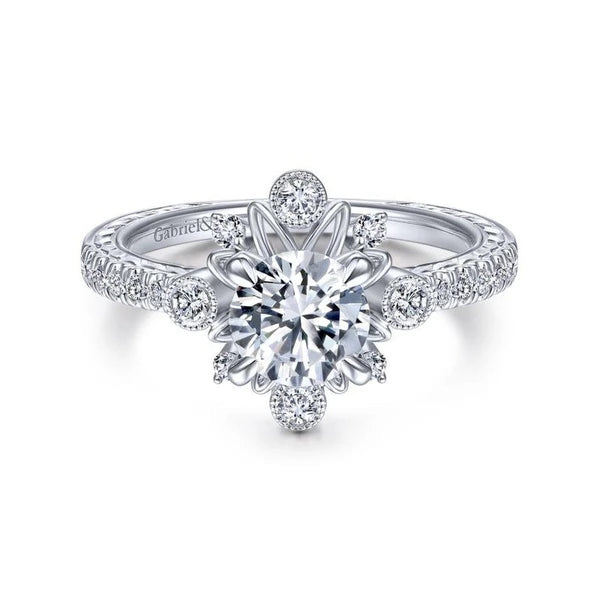 14K White Gold Starburst Halo Round Diamond Engagement Ring