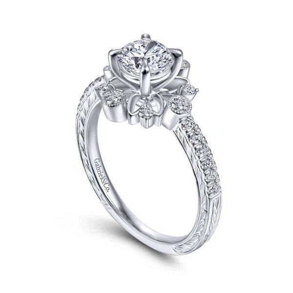 14K White Gold Starburst Halo Round Diamond Engagement Ring