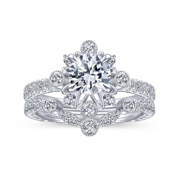 14K White Gold Starburst Halo Round Diamond Engagement Ring