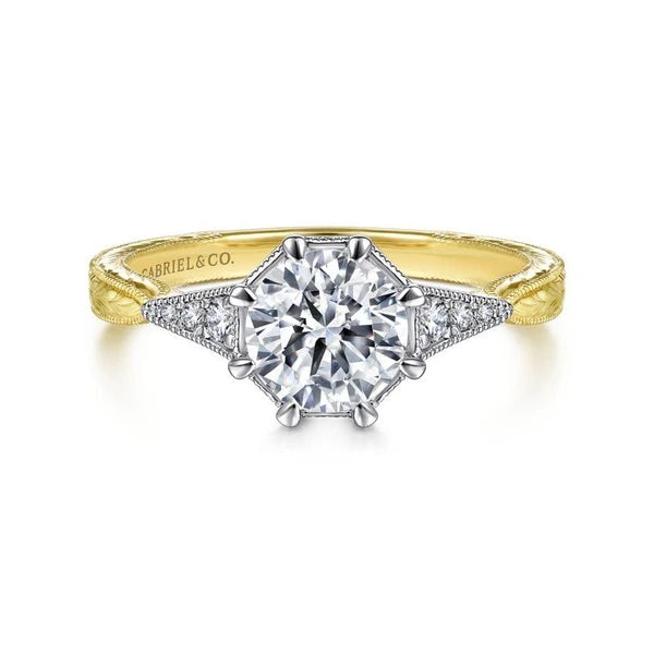Vintage Inspired 14K White-Yellow Gold Round Diamond Engagement Ring
