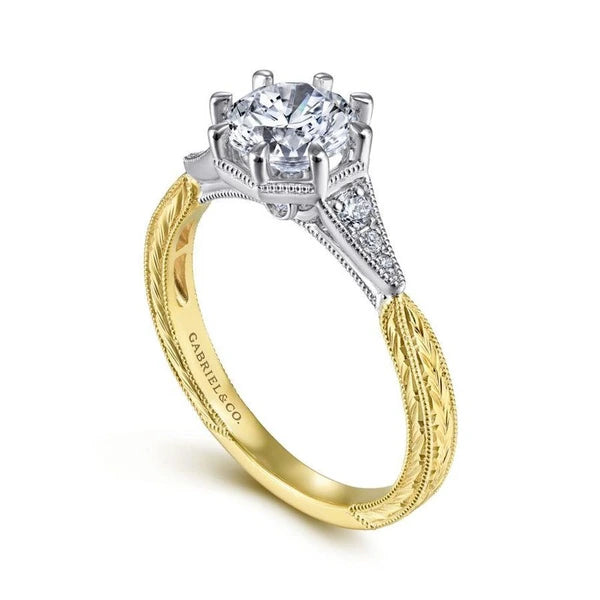 Vintage Inspired 14K White-Yellow Gold Round Diamond Engagement Ring