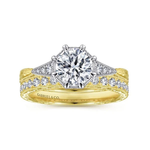 Vintage Inspired 14K White-Yellow Gold Round Diamond Engagement Ring