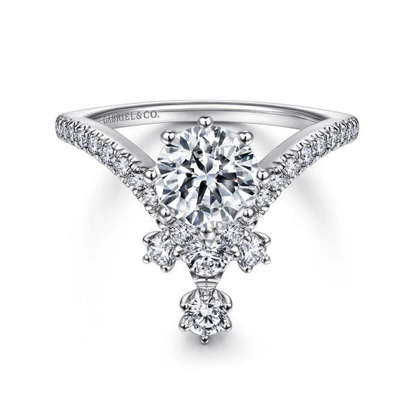 14K White Gold Round V Shape Diamond Engagement Ring