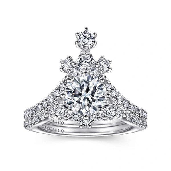 14K White Gold Round V Shape Diamond Engagement Ring