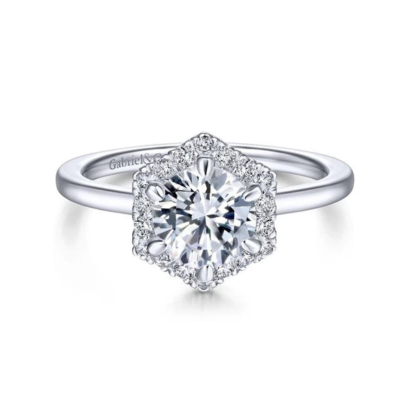 14K White Gold Hexagonal Halo Round Diamond Engagement Ring