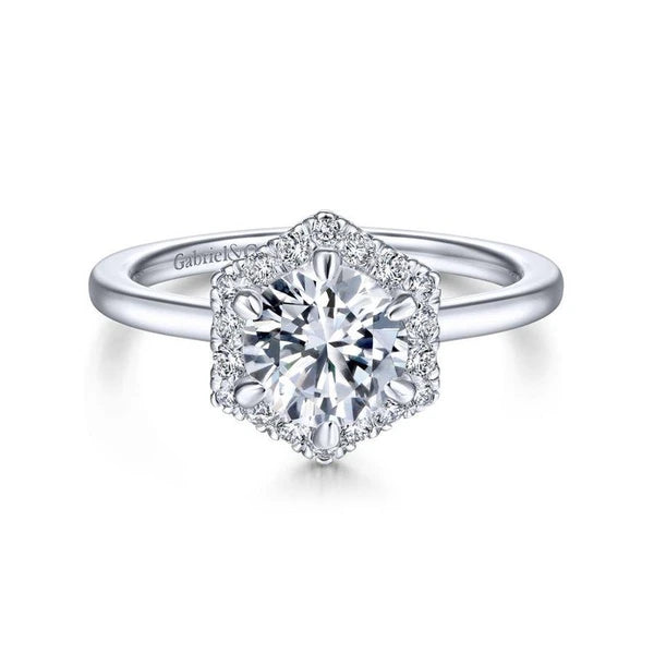 14K White Gold Hexagonal Halo Round Diamond Engagement Ring