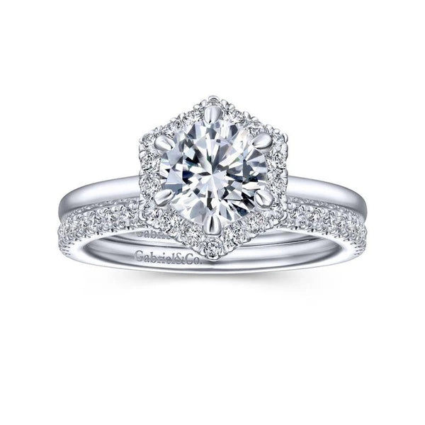 14K White Gold Hexagonal Halo Round Diamond Engagement Ring