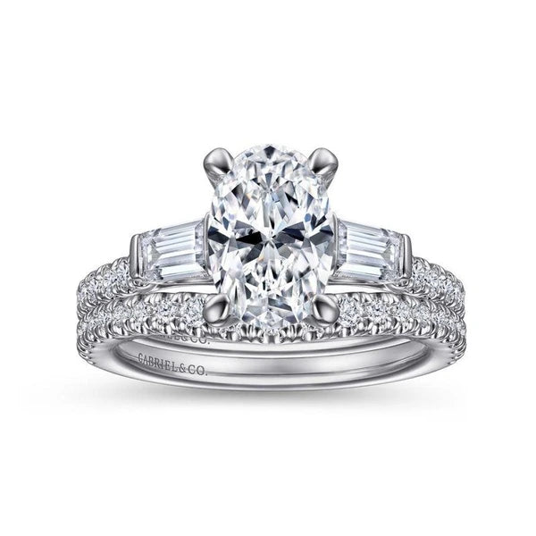 14K White Gold Oval Three Stone Diamond Engagement Ring