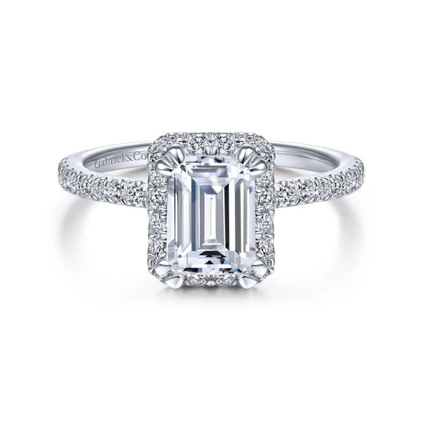 14K White Gold Halo Emerald Cut Diamond Engagement Ring