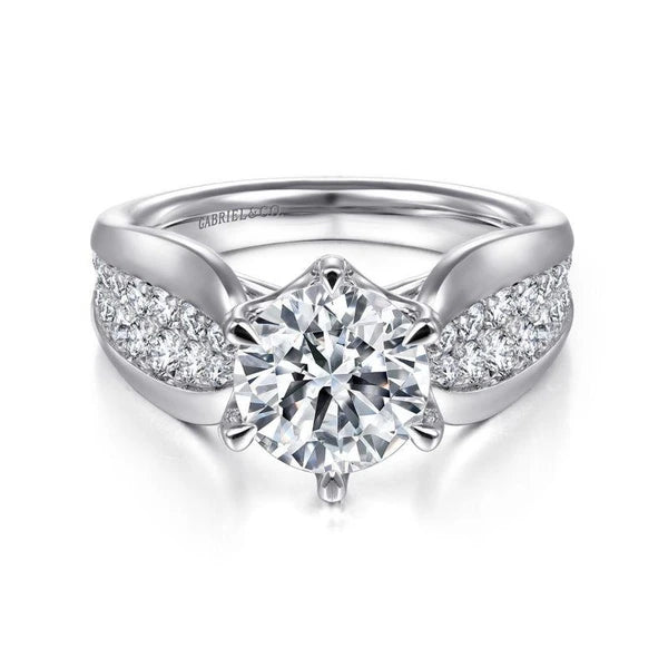 14K White Gold Wide Band Round Diamond Engagement Ring