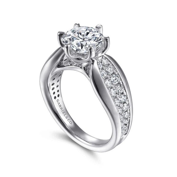 14K White Gold Wide Band Round Diamond Engagement Ring