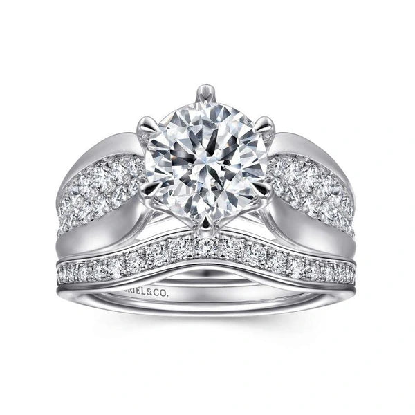 14K White Gold Wide Band Round Diamond Engagement Ring