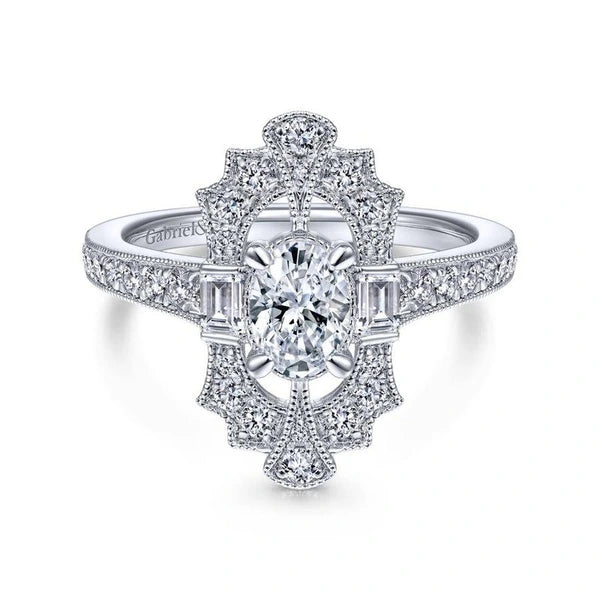 Art Deco 14K White Gold Oval Halo Diamond Engagement Ring