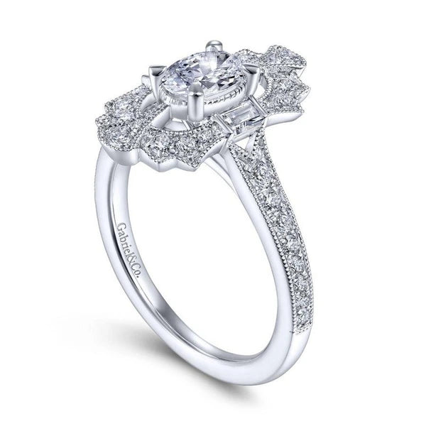 Art Deco 14K White Gold Oval Halo Diamond Engagement Ring