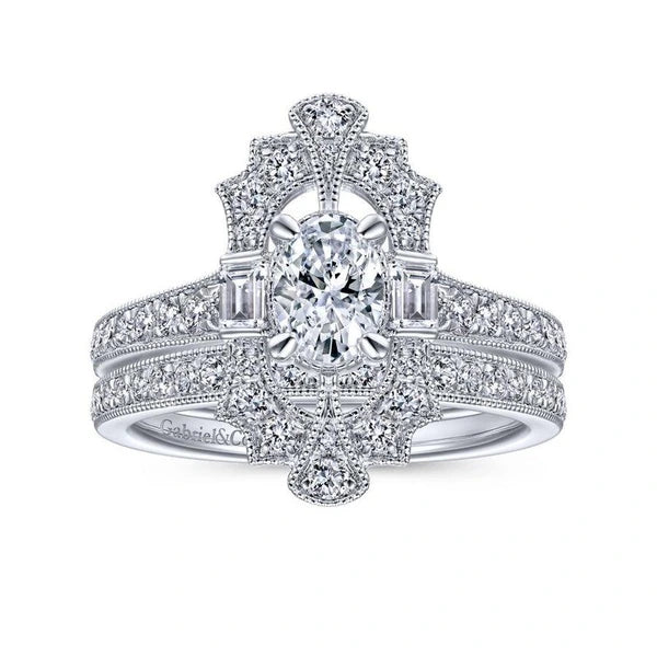 Art Deco 14K White Gold Oval Halo Diamond Engagement Ring
