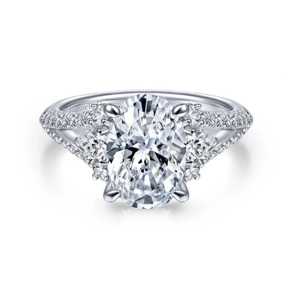 14K White Gold Oval Three Stone Diamond Engagement Ring