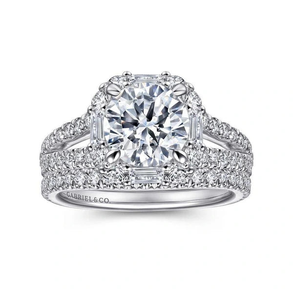 14K White Gold Cushion Halo Round Diamond Engagement Ring