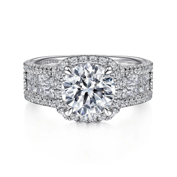 14K White Gold Cushion Halo Round Diamond Channel Set Engagement Ring