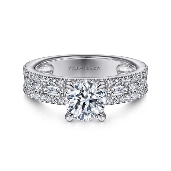 14K White Gold Wide Band Round Diamond Engagement Ring