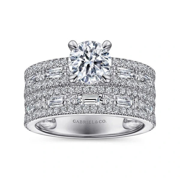 14K White Gold Wide Band Round Diamond Engagement Ring