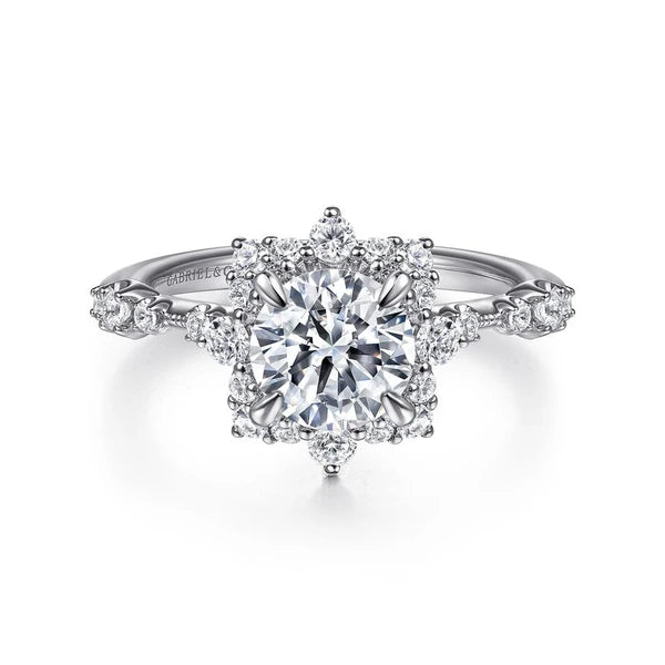 14K White Gold Fancy Halo Round Diamond Engagement Ring