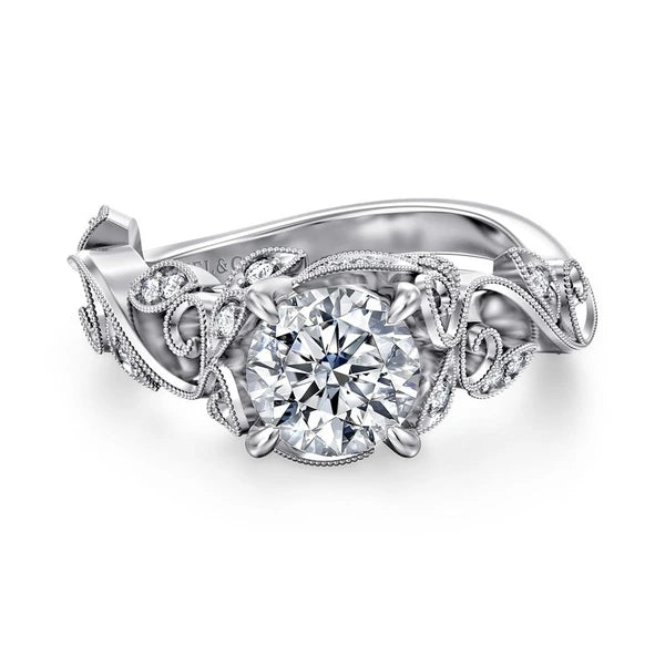 14K White Gold Floral Round Diamond Engagement Ring