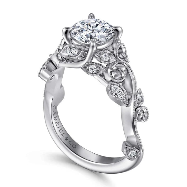14K White Gold Floral Round Diamond Engagement Ring
